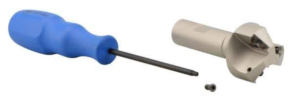 Iscar - 30° Lead Angle, 1.61" Max Cut Diam, 5/8" Min Cut Diam, 0.27" Max Depth of Cut, Indexable Chamfer and Angle End Mill - 3 Inserts, TPMT Insert Style, 3.54" Overall Length, Straight Shank - Exact Tool & Supply