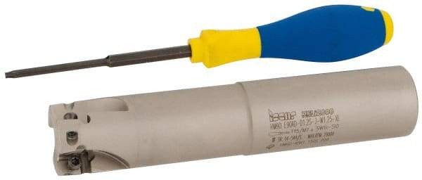 Iscar - 1-1/4" Cut Diam, 0.56" Max Depth of Cut, 1-1/4" Shank Diam, 6-1/4" OAL, Indexable Square Shoulder End Mill - AD..1505.., HM90 AD..1505 Inserts, Weldon Shank, 90° Lead Angle, Series Heli2000 - Exact Tool & Supply