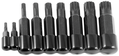 9 Piece - 4 and 5mm Bit have 5/16" Hex Drive - 6; 8; 10 and 12mm Bit have 1/2" Hex Drive - 14 and 16mm Bit have 5/8" Hex Drive - 18mm Bit has a 3/4" Hex Drive - 12 Point - Triple Square Bit Set - Exact Tool & Supply