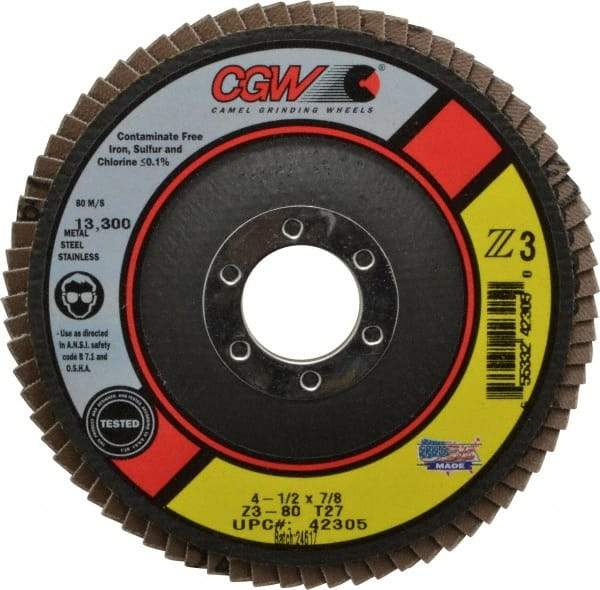 Camel Grinding Wheels - 80 Grit, 4-1/2" Disc Diam, 7/8" Center Hole, Type 27 Zirconia Alumina Flap Disc - 13,300 Max RPM, Poly Cotton Backing, Arbor Attaching System, Coated - Exact Tool & Supply
