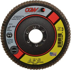 Camel Grinding Wheels - 80 Grit, 4-1/2" Disc Diam, 7/8" Center Hole, Type 27 Zirconia Alumina Flap Disc - 13,300 Max RPM, Poly Cotton Backing, Arbor Attaching System, Coated - Exact Tool & Supply