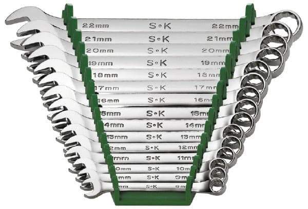 SK - 15 Piece, 8 to 22mm, Combination Wrench Set - Metric System of Measurement, Chrome Finish, Comes in Rack - Exact Tool & Supply