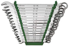 SK - 15 Piece, 8 to 22mm, Combination Wrench Set - Metric System of Measurement, Chrome Finish, Comes in Rack - Exact Tool & Supply