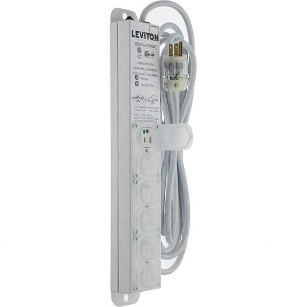 Leviton - 6 Outlets, 125 VAC15 Amps, 15' Cord, Surge Power Outlet Strip - Wall/Surface Mount, 5-20 NEMA Configuration, 1-1/4' Strip, UL 60601-1 - Exact Tool & Supply