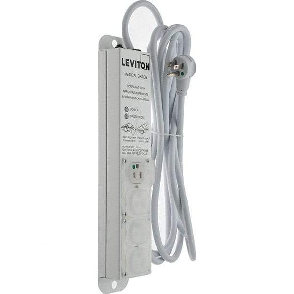 Leviton - 4 Outlets, 125 VAC15 Amps, 15' Cord, Surge Power Outlet Strip - Wall/Surface Mount, 5-20 NEMA Configuration, 1' Strip, UL 60601-1 - Exact Tool & Supply