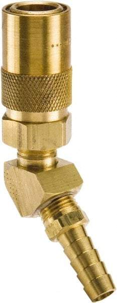Parker - Nonthreaded Brass Hydraulic Hose Hose Barb Coupler & 45° Fitting - 200 psi, 3 GPM, 3/8" Hose Diam, Series Moldmate - Exact Tool & Supply