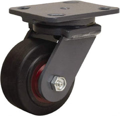 Hamilton - 4" Diam x 2" Wide x 5-5/8" OAH Top Plate Mount Swivel Caster - Rubber Mold on Cast Iron, 300 Lb Capacity, Straight Roller Bearing, 4 x 5" Plate - Exact Tool & Supply