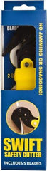 Swift Safety Cutter - Springback Safety Utility Knife - 2" Steel Blade, Yellow Nylon-6 Polyamide Handle, 6 Blades Included - Exact Tool & Supply
