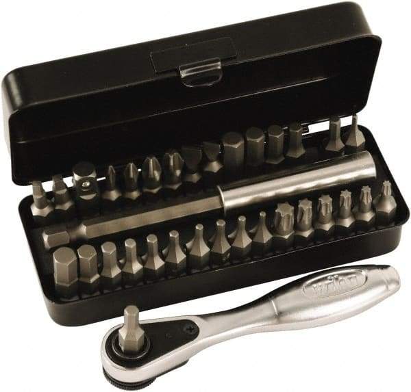 Wiha - 31 Piece, 1/4" Drive Screwdriver 1/4" Reversible Ratchet Bit Set - #0 to #3 Phillips, 1/16 to 1/4" Hex, T8 to T30 Torx, 5.5 & 6.5mm Slotted - Exact Tool & Supply