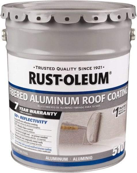 Rust-Oleum - 5 Gal Pail Aluminum Fibered Aluminum Roof Coating - 50 Sq Ft/Gal Coverage, 459 g/L VOC Content, Mildew Resistant, Long Term Durability & Weather Resistance - Exact Tool & Supply