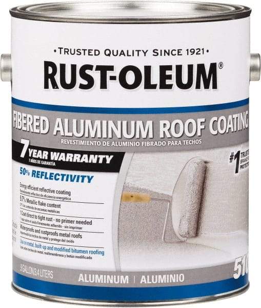 Rust-Oleum - 1 Gal Can Aluminum Fibered Aluminum Roof Coating - 50 Sq Ft/Gal Coverage, 459 g/L VOC Content, Mildew Resistant, Long Term Durability & Weather Resistance - Exact Tool & Supply