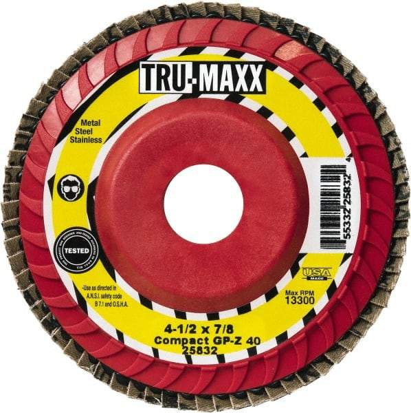 Tru-Maxx - 40 Grit, 4-1/2" Disc Diam, 5/8-11 Center Hole, Compact Zirconia Alumina Flap Disc - 13,300 Max RPM, Polyester Backing, Arbor Attaching System, Coated - Exact Tool & Supply