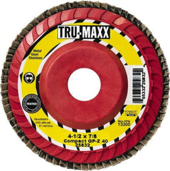 Tru-Maxx - 80 Grit, 4-1/2" Disc Diam, 5/8-11 Center Hole, Compact Ceramic Flap Disc - 13,300 Max RPM, Fiberglass Backing, Arbor Attaching System, Coated - Exact Tool & Supply
