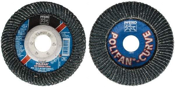 PFERD - 40 Grit, 4-1/2" Disc Diam, 7/8" Center Hole, Type 27 Zirconia Alumina Flap Disc - 13,300 Max RPM, Fiberglass Backing, Arbor Attaching System, Coated - Exact Tool & Supply