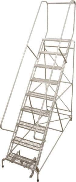 Cotterman - 87" 9 Step Rolling Warehouse Ladder - 50° Incline, 450 Lb Capacity, 90" Platform Height, 32" Base Width x 120" Base Depth, Perforated Tread - Exact Tool & Supply