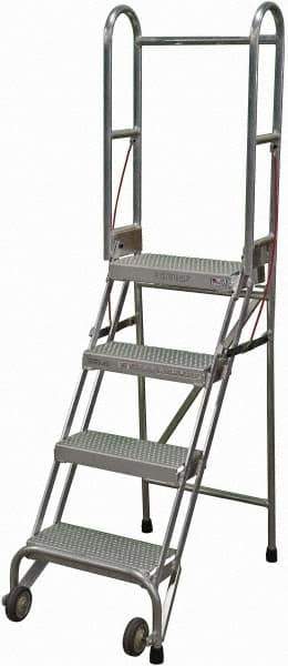 Cotterman - 70" 4 Step Rolling Warehouse Ladder - Portable Folding Safety Ladder, 350 Lb Capacity, 40" Platform Height, 21" Base Width x 36" Base Depth, Perforated Tread - Exact Tool & Supply