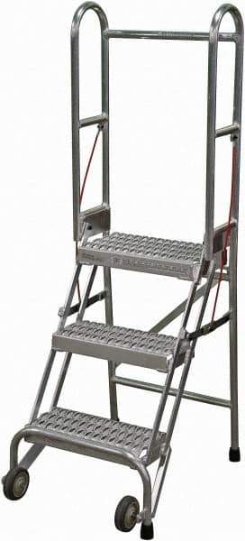 Cotterman - 60" 3 Step Rolling Warehouse Ladder - Portable Folding Safety Ladder, 350 Lb Capacity, 30" Platform Height, 21" Base Width x 28" Base Depth, Serrated - Exact Tool & Supply