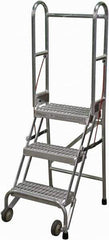 Cotterman - 60" 3 Step Rolling Warehouse Ladder - Portable Folding Safety Ladder, 350 Lb Capacity, 30" Platform Height, 21" Base Width x 28" Base Depth, Serrated - Exact Tool & Supply