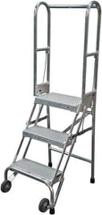 Cotterman - 60" 3 Step Rolling Warehouse Ladder - Portable Folding Safety Ladder, 350 Lb Capacity, 30" Platform Height, 21" Base Width x 28" Base Depth, Perforated Tread - Exact Tool & Supply