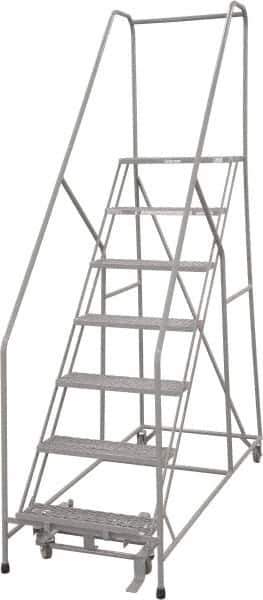 Cotterman - 100" 7 Step Rolling Warehouse Ladder - 50° Incline, 450 Lb Capacity, 70" Platform Height, 33" Base Width x 69" Base Depth, Perforated Tread - Exact Tool & Supply