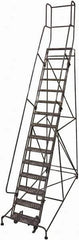 Cotterman - 192" 15 Step Rolling Warehouse Ladder - 50° Incline, 450 Lb Capacity, 150" Platform Height, 44" Base Width x 143" Base Depth, Perforated Tread - Exact Tool & Supply