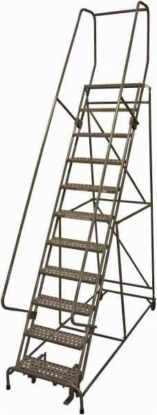 Cotterman - 140" 11 Step Rolling Warehouse Ladder - 50° Incline, 450 Lb Capacity, 110" Platform Height, 34" Base Width x 106" Base Depth, Perforated Tread - Exact Tool & Supply