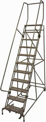 Cotterman - 140" 11 Step Rolling Warehouse Ladder - 50° Incline, 450 Lb Capacity, 110" Platform Height, 34" Base Width x 106" Base Depth, Perforated Tread - Exact Tool & Supply