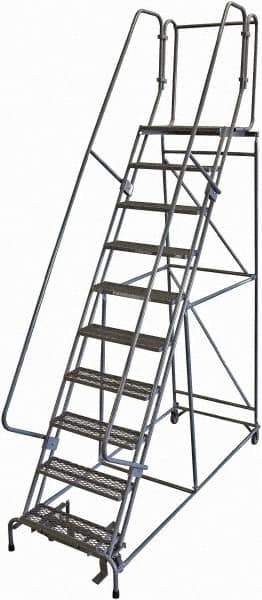 Cotterman - 130" 10 Step Rolling Warehouse Ladder - 50° Incline, 450 Lb Capacity, 100" Platform Height, 34" Base Width x 97" Base Depth, Perforated Tread - Exact Tool & Supply