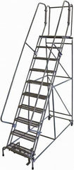 Cotterman - 130" 10 Step Rolling Warehouse Ladder - 50° Incline, 450 Lb Capacity, 100" Platform Height, 34" Base Width x 97" Base Depth, Perforated Tread - Exact Tool & Supply