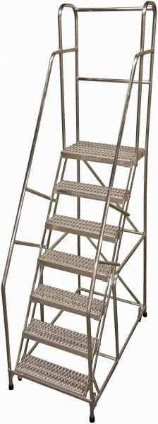 Cotterman - 100" 7 Step Rolling Warehouse Ladder - Rolling Safety Ladder, 350 Lb Capacity, 70" Platform Height, 30" Base Width x 57" Base Depth, Serrated - Exact Tool & Supply