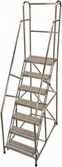 Cotterman - 100" 7 Step Rolling Warehouse Ladder - Rolling Safety Ladder, 350 Lb Capacity, 70" Platform Height, 30" Base Width x 57" Base Depth, Serrated - Exact Tool & Supply