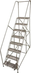 Cotterman - 90" 8 Step Rolling Warehouse Ladder - 50° Incline, 450 Lb Capacity, 80" Platform Height, 32" Base Width x 110" Base Depth, Perforated Tread - Exact Tool & Supply