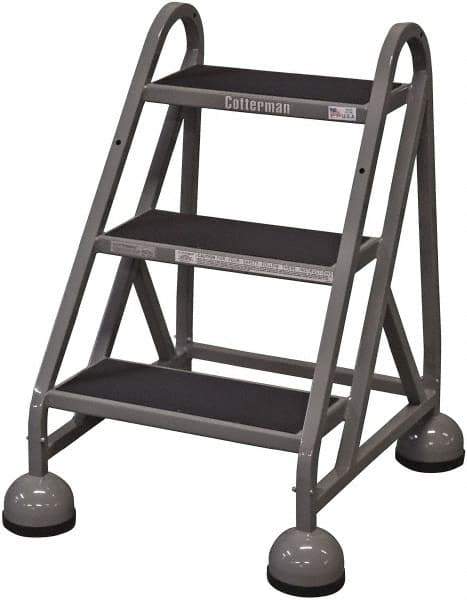 Cotterman - 33" 3 Step Rolling Warehouse Ladder - Rolling Steel Office Ladder, 450 Lb Capacity, 27" Platform Height, 25" Base Width x 28" Base Depth, Rubber Matted - Exact Tool & Supply