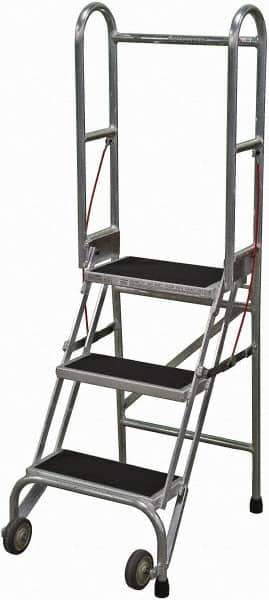 Cotterman - 60" 3 Step Rolling Warehouse Ladder - Portable Folding Safety Ladder, 350 Lb Capacity, 30" Platform Height, 21" Base Width x 28" Base Depth, Rubber Matted - Exact Tool & Supply