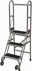 Cotterman - 60" 3 Step Rolling Warehouse Ladder - Portable Folding Safety Ladder, 350 Lb Capacity, 30" Platform Height, 21" Base Width x 28" Base Depth, Rubber Matted - Exact Tool & Supply