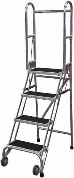 Cotterman - 70" 4 Step Rolling Warehouse Ladder - Portable Folding Safety Ladder, 350 Lb Capacity, 40" Platform Height, 21" Base Width x 36" Base Depth, Rubber Matted - Exact Tool & Supply