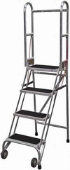 Cotterman - 70" 4 Step Rolling Warehouse Ladder - Portable Folding Safety Ladder, 350 Lb Capacity, 40" Platform Height, 21" Base Width x 36" Base Depth, Rubber Matted - Exact Tool & Supply