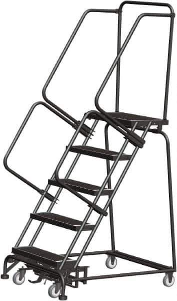 Ballymore - 83" 5 Step Rolling Warehouse Ladder - Lock Step Rolling Safety Ladder, 450 Lb Capacity, 50" Platform Height, 32" Base Width x 43" Base Depth, Perforated Tread - Exact Tool & Supply