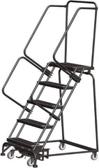 Ballymore - 83" 5 Step Rolling Warehouse Ladder - Lock Step Rolling Safety Ladder, 450 Lb Capacity, 50" Platform Height, 32" Base Width x 43" Base Depth, Perforated Tread - Exact Tool & Supply