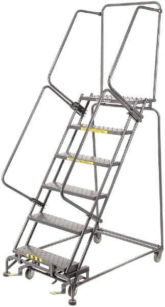 Ballymore - 93" 6 Step Rolling Warehouse Ladder - Lock Step Rolling Safety Ladder, 450 Lb Capacity, 60" Platform Height, 32" Base Width x 49" Base Depth, Perforated Tread - Exact Tool & Supply