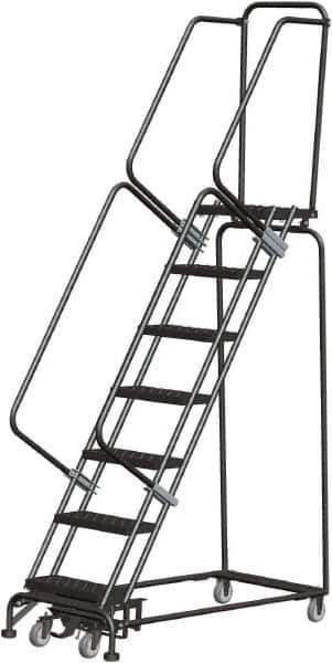 Ballymore - 103" 7 Step Rolling Warehouse Ladder - Lock Step Rolling Safety Ladder, 450 Lb Capacity, 70" Platform Height, 24" Base Width x 55" Base Depth, Perforated Tread - Exact Tool & Supply