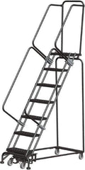 Ballymore - 103" 7 Step Rolling Warehouse Ladder - Lock Step Rolling Safety Ladder, 450 Lb Capacity, 70" Platform Height, 24" Base Width x 55" Base Depth, Perforated Tread - Exact Tool & Supply