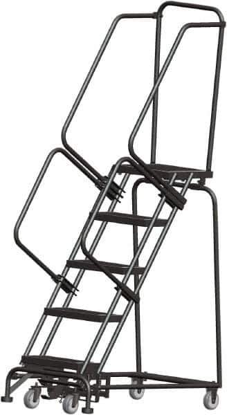 Ballymore - 83" 5 Step Rolling Warehouse Ladder - Lock Step Rolling Safety Ladder, 450 Lb Capacity, 50" Platform Height, 24" Base Width x 43" Base Depth, Perforated Tread - Exact Tool & Supply