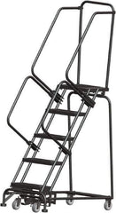 Ballymore - 83" 5 Step Rolling Warehouse Ladder - Lock Step Rolling Safety Ladder, 450 Lb Capacity, 50" Platform Height, 24" Base Width x 43" Base Depth, Perforated Tread - Exact Tool & Supply