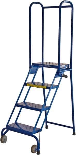 Ballymore - 68" 4 Step Rolling Warehouse Ladder - Lock-N-Stock, 350 Lb Capacity, 38" Platform Height, 24" Base Width x 35" Base Depth, Perforated Tread - Exact Tool & Supply