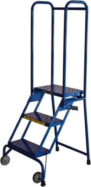 Ballymore - 59" 3 Step Rolling Warehouse Ladder - Lock-N-Stock, 300 Lb Capacity, 28-1/2" Platform Height, 24" Base Width x 26" Base Depth, Perforated Tread - Exact Tool & Supply