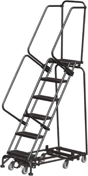 Ballymore - 93" 6 Step Rolling Warehouse Ladder - Lock Step Rolling Safety Ladder, 450 Lb Capacity, 60" Platform Height, 24" Base Width x 49" Base Depth, Perforated Tread - Exact Tool & Supply