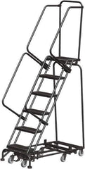 Ballymore - 93" 6 Step Rolling Warehouse Ladder - Lock Step Rolling Safety Ladder, 450 Lb Capacity, 60" Platform Height, 24" Base Width x 49" Base Depth, Perforated Tread - Exact Tool & Supply