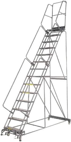 Ballymore - 185" 14 Step Rolling Warehouse Ladder - Lock Step Rolling Safety Ladder, 450 Lb Capacity, 140" Platform Height, 40" Base Width x 100" Base Depth, Perforated Tread - Exact Tool & Supply