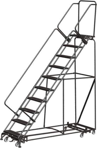 Ballymore - 133" 10 Step Rolling Warehouse Ladder - Lock Step Rolling Safety Ladder, 450 Lb Capacity, 100" Platform Height, 32" Base Width x 90" Base Depth, Perforated Tread - Exact Tool & Supply